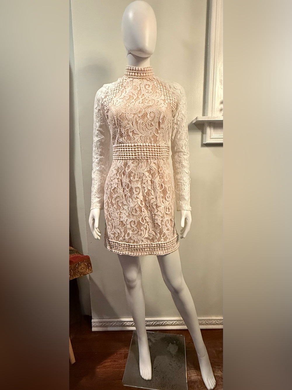 PrettyLittleThing Cream Lace High Neck Long Sleeve Mini Dress with Trim